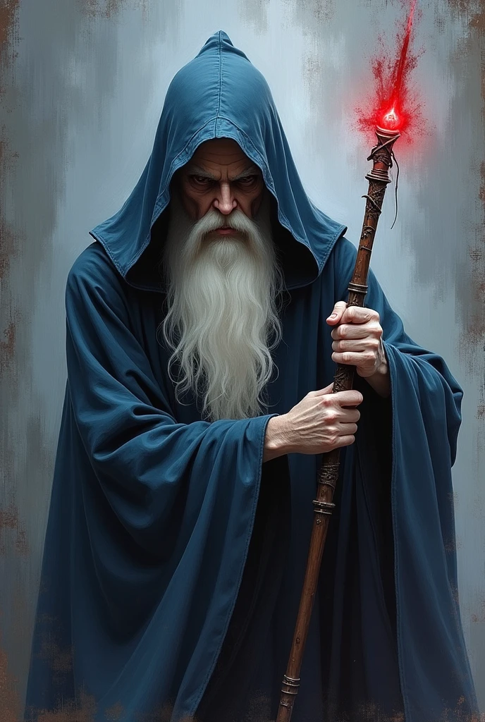 Create an impressionist painting of a scary white-skinned hooded wizard, A ruby wand with a small wing on the end,name, Space Ash, artistic, Complex