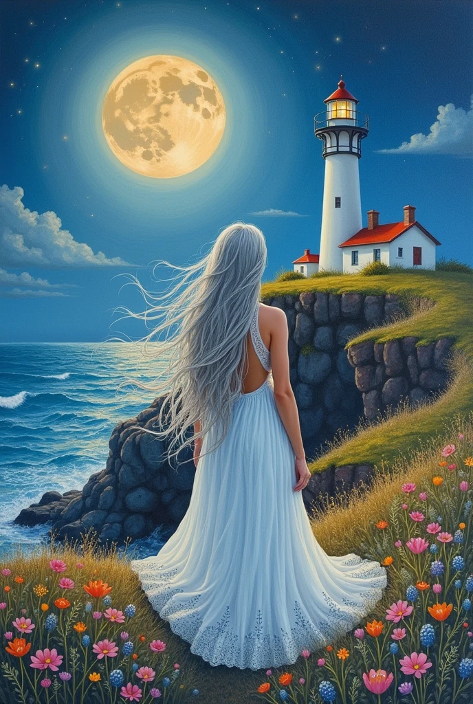 An ethereal woman with flowing hair stands before a lighthouse on a floral-covered cliff with a moonlit sea in the background.
Vibrant pencil sketch, rich oil paint, delicate watercolor, enchanting woman, flowing silver hair, guardian of the lighthouse, grassy headland, bluegrass, moonlit scene, field of colorful flowers, mystical ambiance, bonfire's warm glow, ethereal beauty, fantasy elements, detailed hair texture, expressive eyes, moonlit shadows, soft moonlight, silver hues, deep blues, warm oranges, traditional art style, intricate details, by Emily Kame Kngwarreye, DeviantArt.Vibrant pencil sketch, rich oil paint, delicate watercolor, enchanting woman with flowing silver hair gazing towards the moon, guardian of the lighthouse with a lighthouse in the background, her dress flowing like waves, grassy headland, bluegrass, moonlit scene with stars around the moon, field of colorful flowers, mystical ambiance, bonfire's warm glow, ethereal beauty, fantasy elements, detailed hair texture, expressive eyes, moonlit shadows, soft moonlight, silver hues, deep blues, warm oranges, traditional art style, intricate details, by Emily Kame Kngwarreye, DeviantArt. oil on canvas octane render, pencil sketch, sweet, High Octane Render, wet wet paint, Whimsical Sunday, Radiant Luminosity