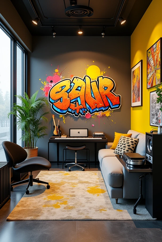 Create a music room with instruments, modern young business style, with yellow and gray colors, colorful graffiti on the wall, and references to music and graffiti, with a sofa, 