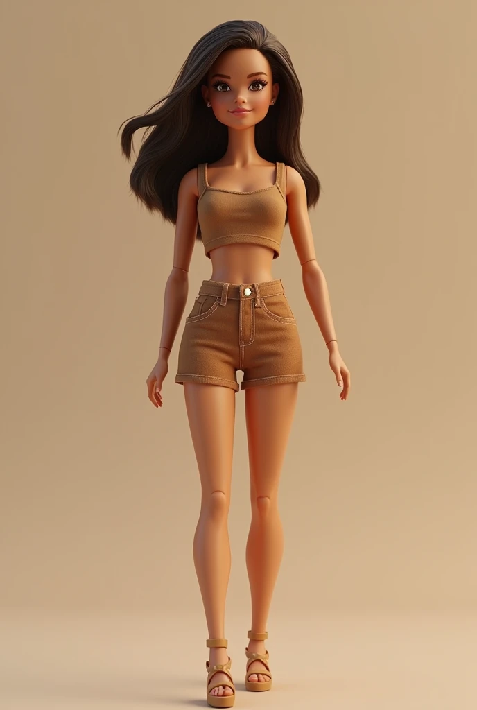 Barbie is wearing a brown crop top and simple brown shorts without buttons, old style.