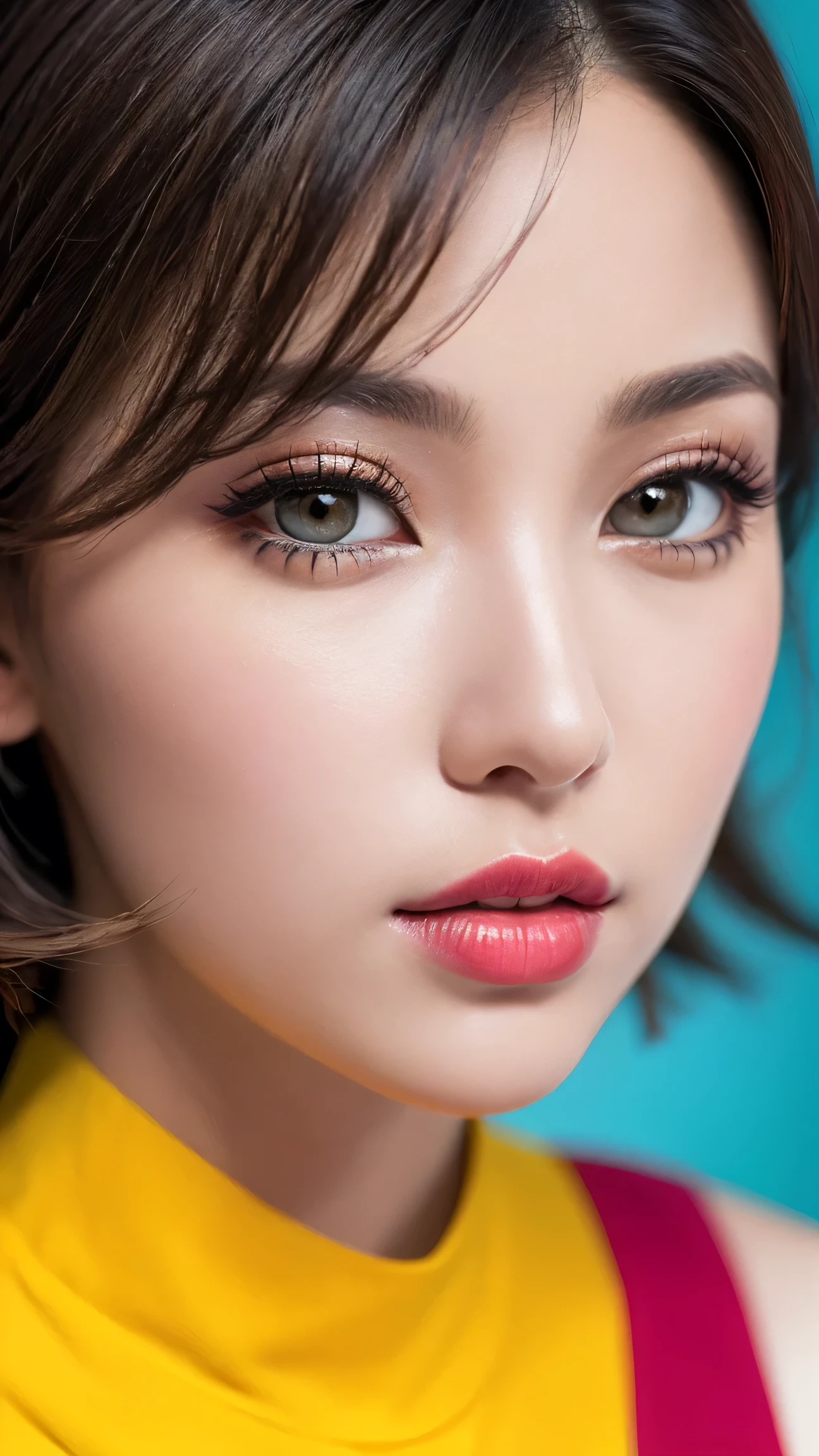 photorealism 16K realism, (Hyper-realistic proportional body, anatomically correct:1.3), ((ultra-fine digital art)), (1woman:1.3, 22-year-old), wearing glasses, thigh highs, ((intricately detailed beautiful face)), (light pale complexion), BREAK, (small round head), (best details, realistic beautiful, slim and cute face), ((best highest detailed realistic dark brown_eyes:1.3)), ((super realistic sharp-eyes:1.2)), (tired and sleepy and satisfied:0.0), (close up of a woman's eyes), perfect round eyes, finely detailed pupils,BREAK,detailed lips:1.3,pink_makeup:1.22, (long_blue_eyeliner:1.28), (red_lipstick:1.35), ((perfect dark_eyeshadows:1.4)), (super detailed professional makeup on eyes:1.3), (Detailed nose:1.2), (best high quality real texture skin:1.3), (Fujicolor, daytime soft lighting), (curly heban hair (slicked to the one side) Intricately detailed), BREAK, ((Classic and sexy designer dress, combination of teal, magenta and yellow colour in the dress, bright colours)), Detailed blue decoration, BREAK, (Fitted clothing), dynamic pose, (looking at the viewer), (no decorations in the hair), (dark shot:1.2), (firm normal full breasts), hint of cleavage, (vibarant and colourful),