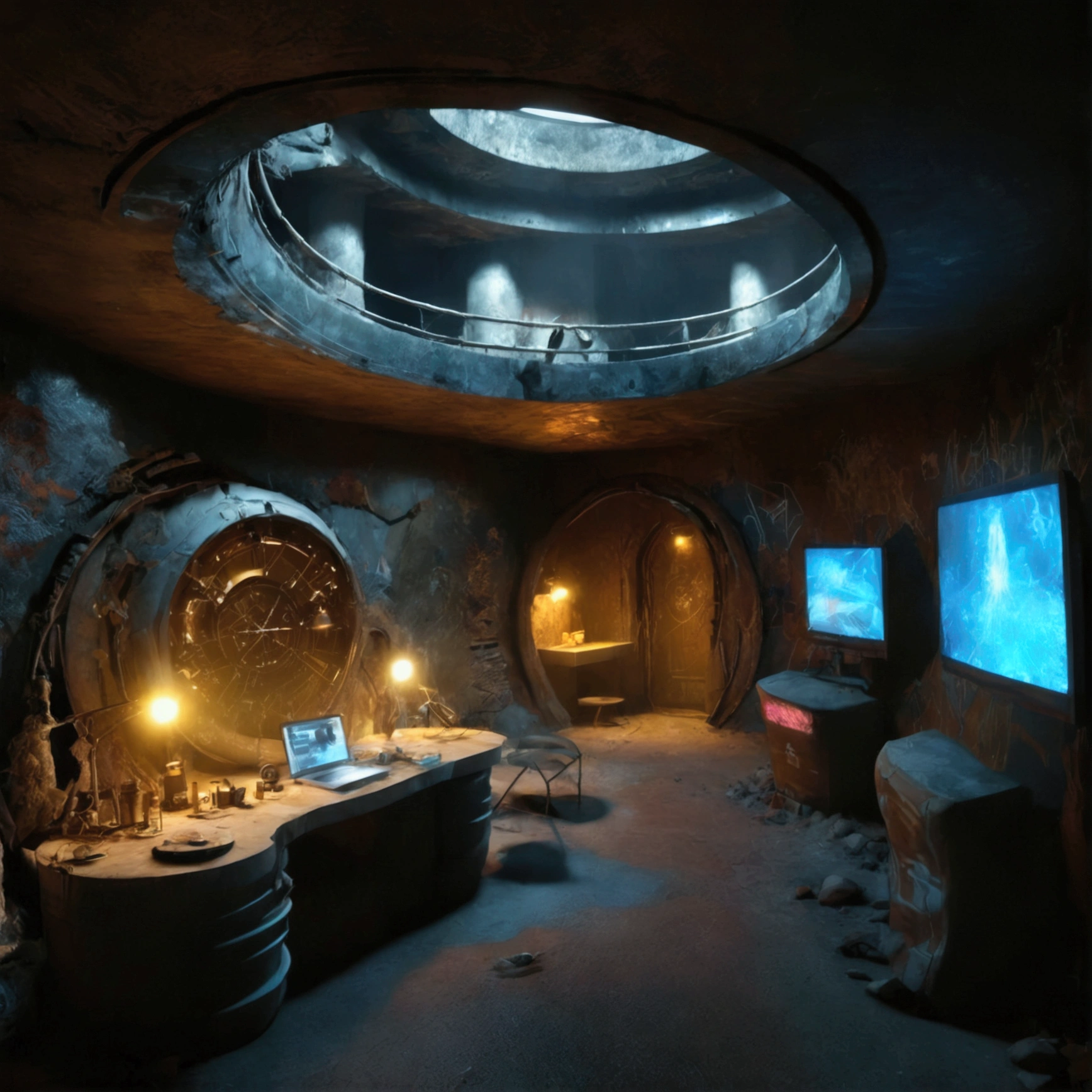 The underground luxury hotel castle section of the doomsday wasteland is shabby, rusty and spliced in appearance, and elements such as splash graffiti and neon lights will often appear in the doomsday wasteland. many doomsday residents,Apartment,Attic, Cellar, Underground, Makeshift,Top view,Split Lighting,