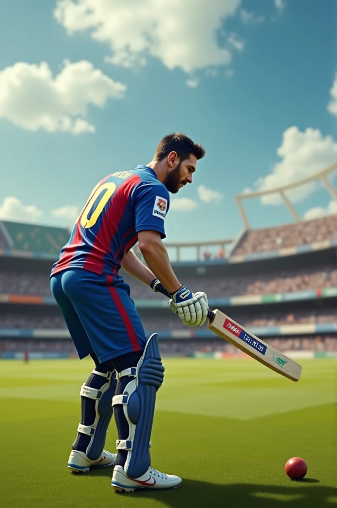 Messi playing cricket 
