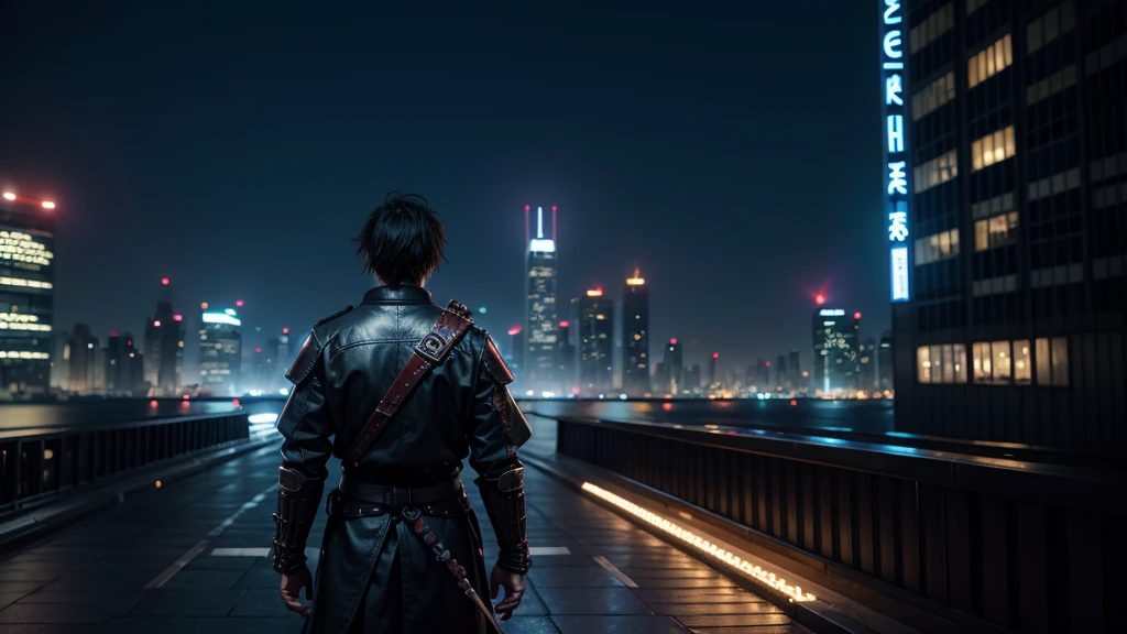 a modern technological world, with neon lights and night atmosphere, big city with many buildings, samurai warrior from behind 