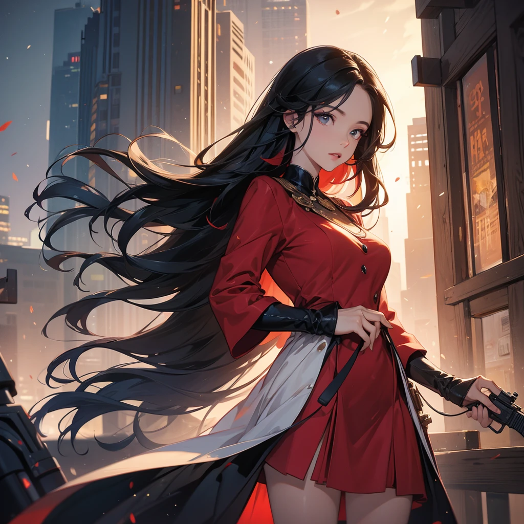 a beautiful woman with long black hair, wearing a tight red dress, standing holding a pistol, aiming the barrel at the bad guys, on a tall building, the sun is setting, close up.