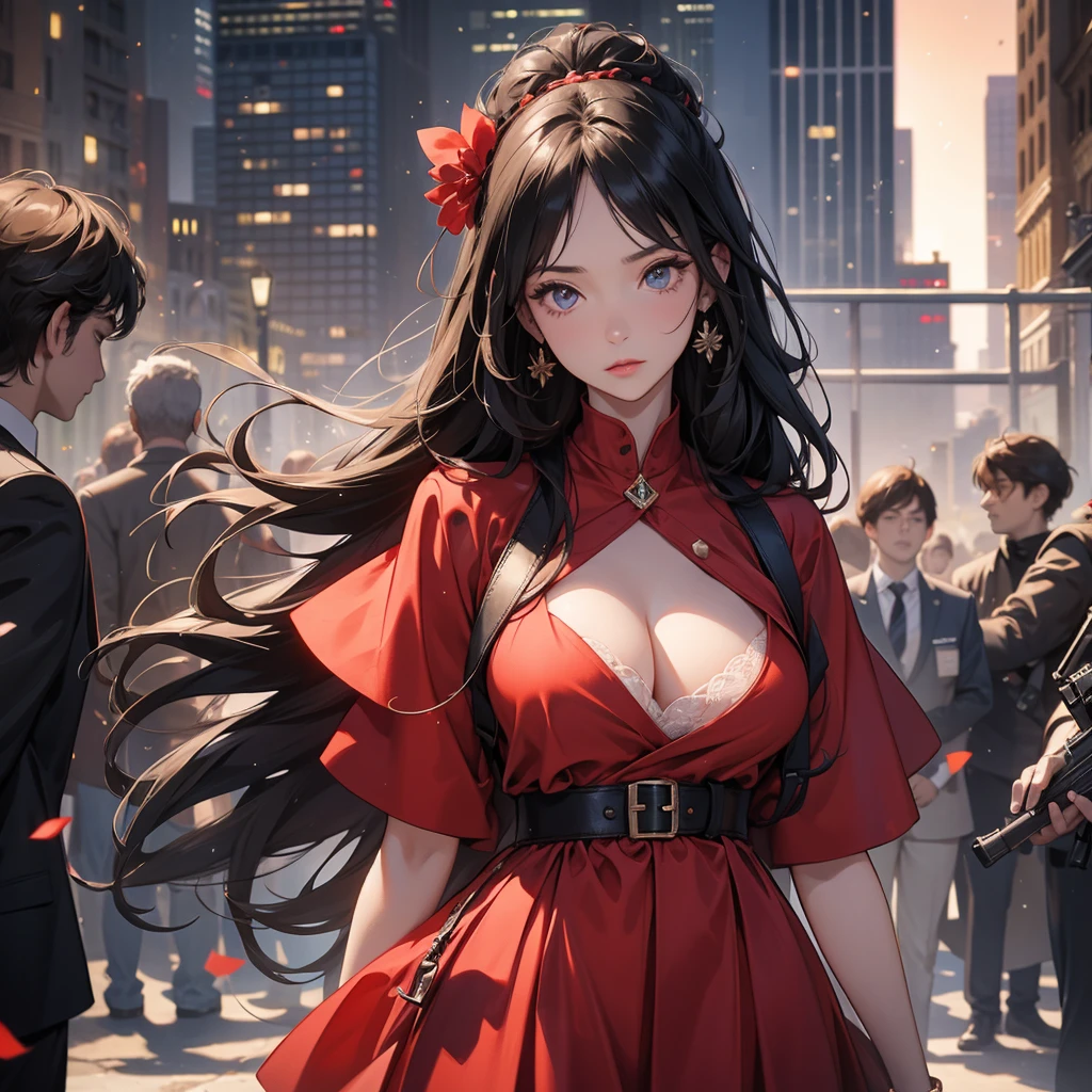 a beautiful woman with long black hair, wearing a tight red dress, standing holding a pistol, aiming the barrel at the bad guys, on a tall building, the sun is setting, close up.