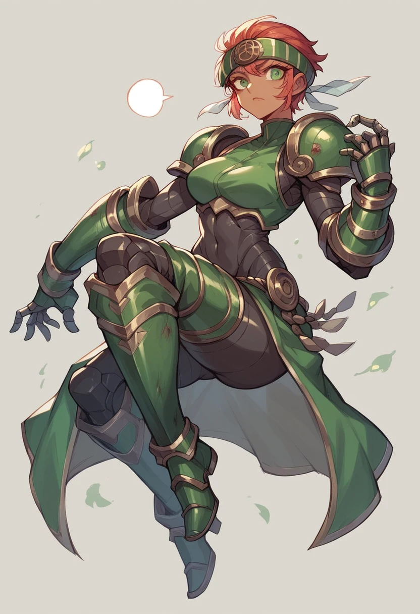 goldish accented sharp looking metallic headband with green eyes. She wears a video game rpg type outfit with steel boots.