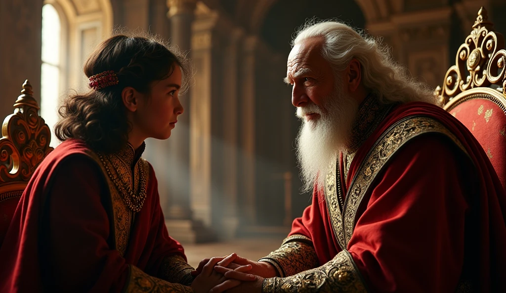 a highly detailed portrait of an old magician in an ornate palace, talking to a young attentive king, magician's face shows fatigue and experience, king's face shows rapt attention, intricate palace architecture, ornate throne, warm lighting, dramatic shadows, rich colors, (best quality,4k,8k,highres,masterpiece:1.2),ultra-detailed,(realistic,photorealistic,photo-realistic:1.37),cinematic composition,dramatic lighting,chiaroscuro,oil painting,Renaissance art style