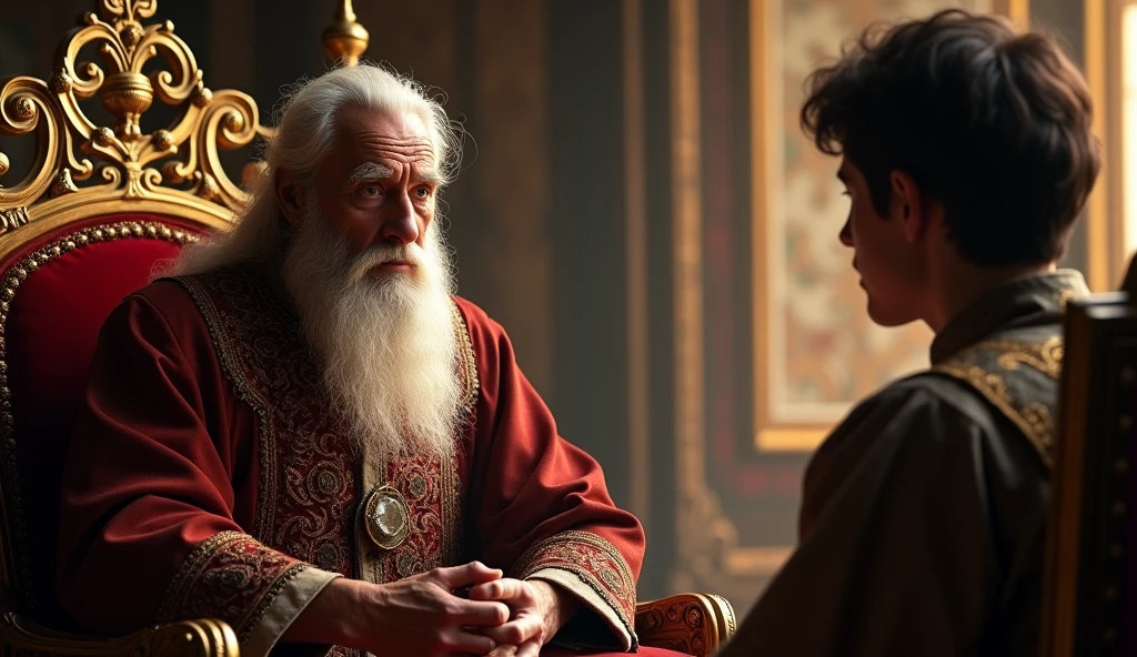 a highly detailed portrait of an old magician in an ornate palace, talking to a young attentive king, magician's face shows fatigue and experience, king's face shows rapt attention, intricate palace architecture, ornate throne, warm lighting, dramatic shadows, rich colors, (best quality,4k,8k,highres,masterpiece:1.2),ultra-detailed,(realistic,photorealistic,photo-realistic:1.37),cinematic composition,dramatic lighting,chiaroscuro,oil painting,Renaissance art style
