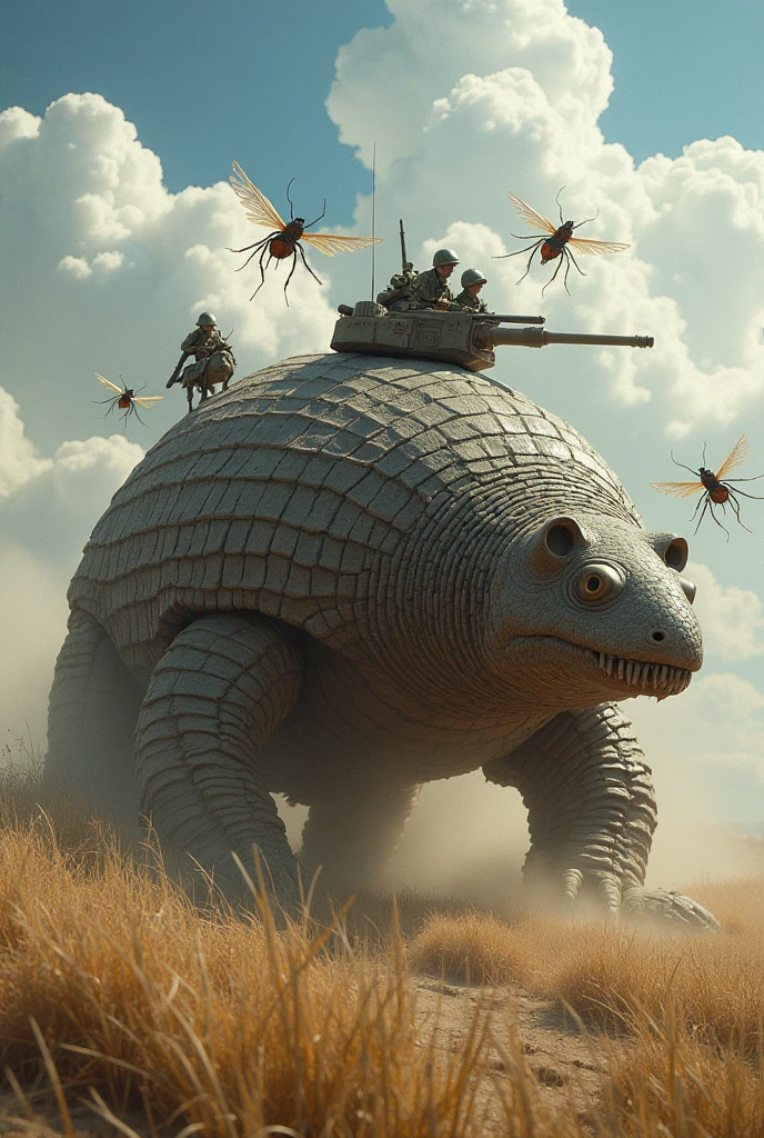 Giant Armadillo Tank、 A group of soldiers riding locusts attacking a tank, The soldiers riding grasshoppers will attack from the air.、Detailed and dynamic, Fantasy Art