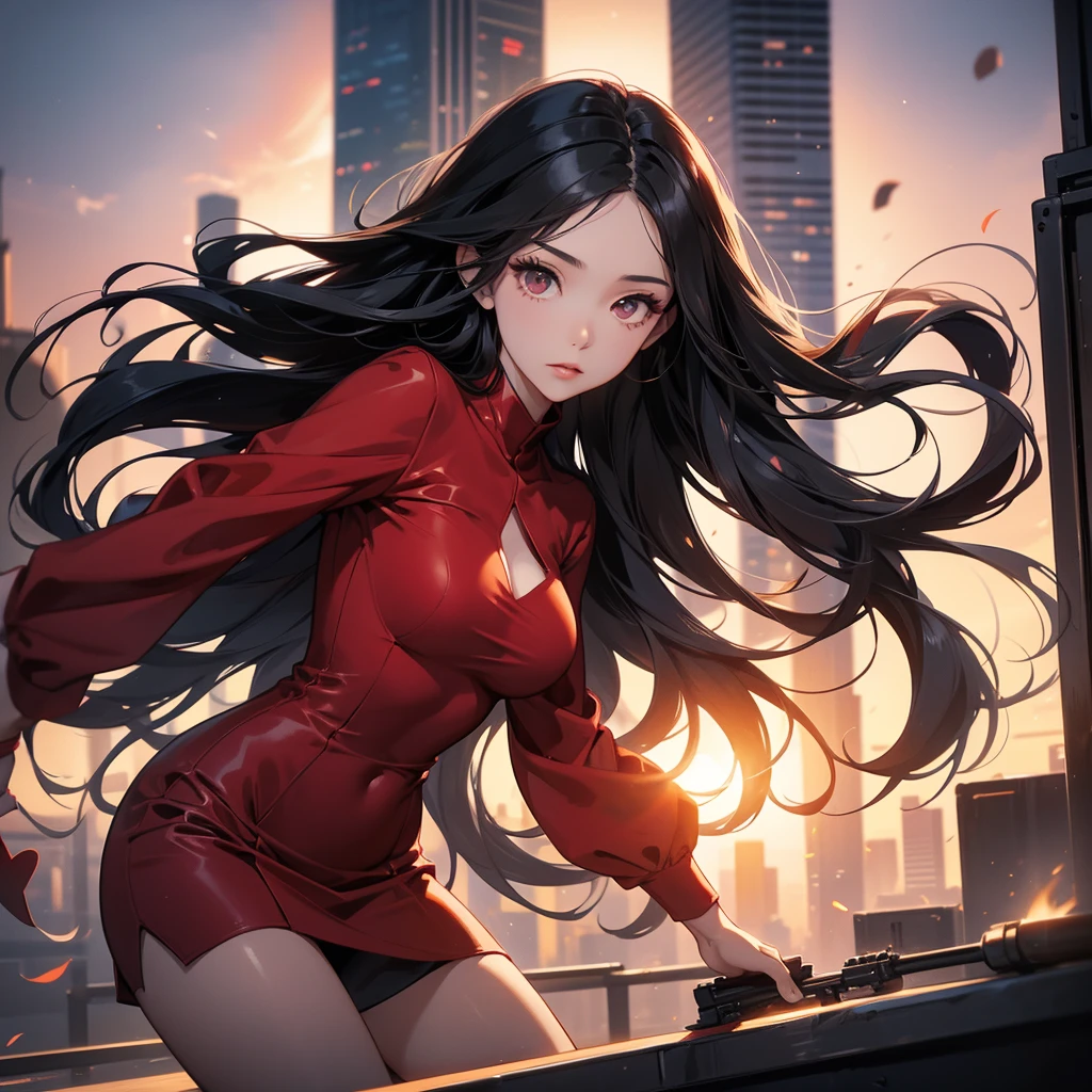 a beautiful woman with long black hair, wearing a tight red dress, standing holding a pistol, aiming the barrel at the bad guys, on a tall building, the sun is setting, close up.