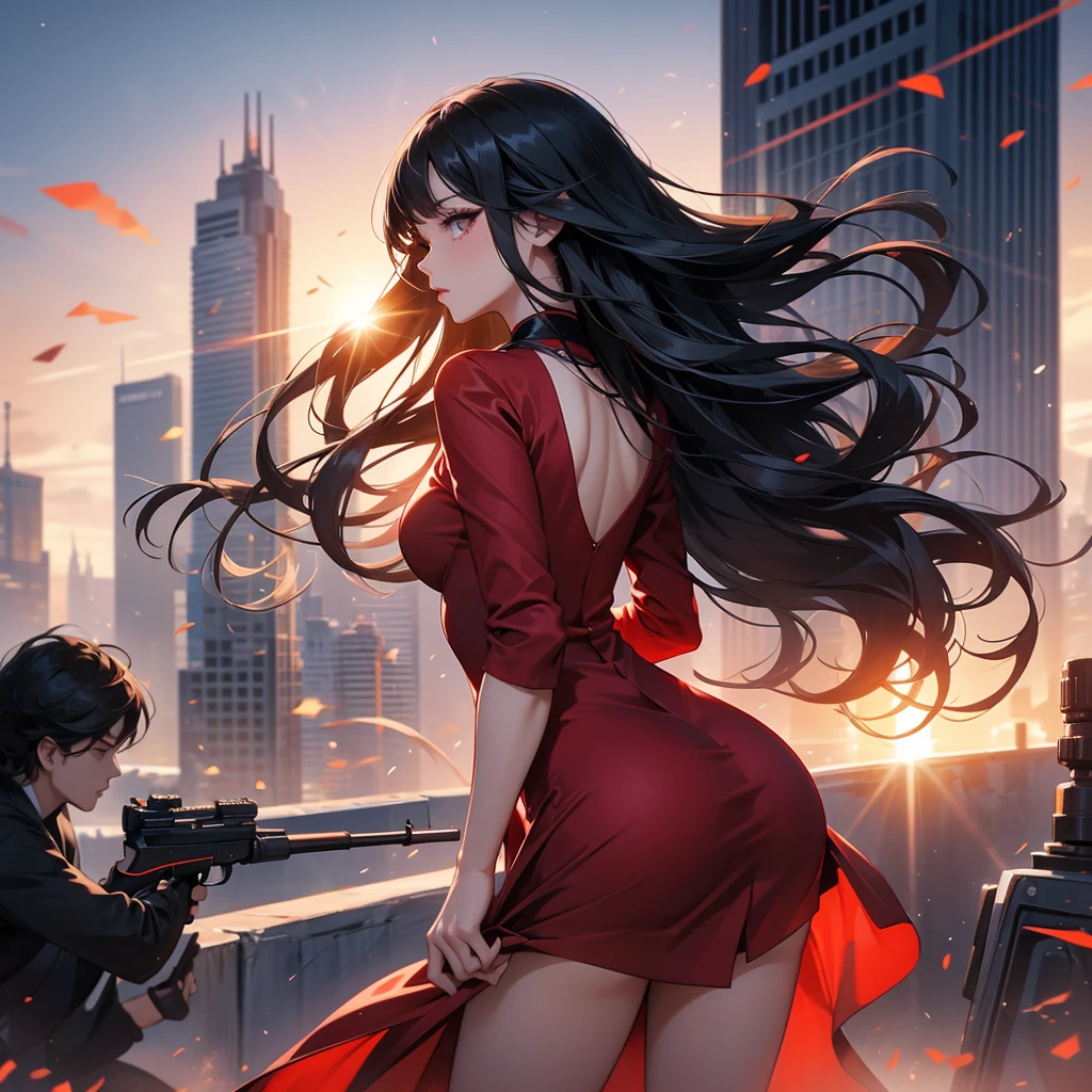 a beautiful woman with long black hair, wearing a tight red dress, standing holding a pistol, aiming the barrel at the bad guys, on a tall building, the sun is setting, close up.
