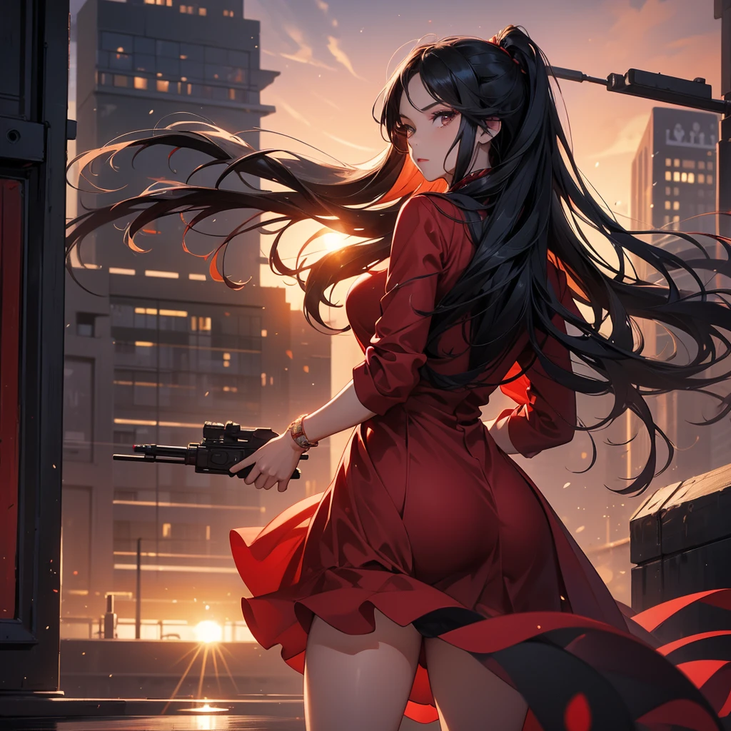 a beautiful woman with long black hair, wearing a tight red dress, standing holding a pistol, aiming the barrel at the bad guys, on a tall building, the sun is setting, close up.