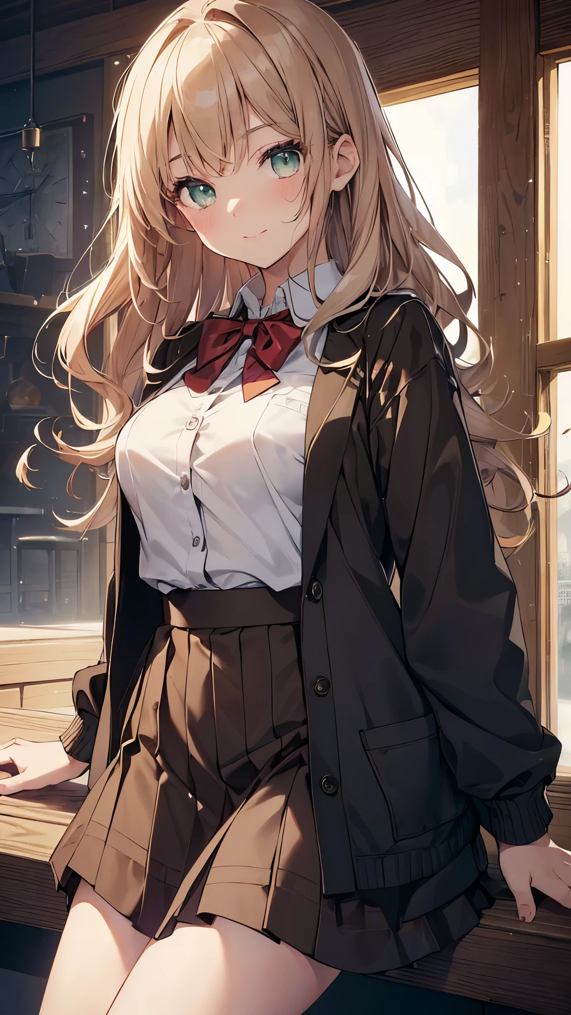 A woman in uniform taking a photo with the clock tower in the background ((Tabletop, Highest quality, High resolution, Hmph, Pixel perfect, Depth of written border, 4K, Hmph, Hmph))), 1 girl, single, alone, Beautiful Anime Girls, Beautiful art style, Anime characters, ((Long Hair, bangs, Dark brown hair, Curly Hair:0.8)), ((Green Eyes:1.4, Beautiful Eyes, Beautiful Eyes, Perfect Eyes,Curled eyelashes, Realistic eyes)), ((Detailed face, blush:1.2)), ((Smooth texture:0.75, Realistic texture:0.5, Anime CG style)), Medium chest, Dynamic Angle, Big Breasts, Perfect body, Dynamic pose, ((Red bow tie, school uniform, Black jacket, Open jacket, Brown cardigan, White shirt, Black Skirt, Checked skirt)), smile, Open your mouth, Put your arms behind your back, Leaning forward, Amalment Park, ((close, throw, cute, Shoot in the face))