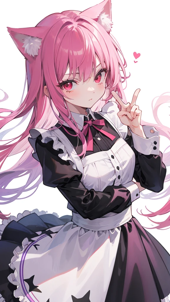 Maid clothes,Red eyes,Long Hair,Straight Hair,Purple and pink hair color,girl,He is making a peace sign with his left hand and looking at me.,Smooth hair,Cat ear,Shooting from below at an angle