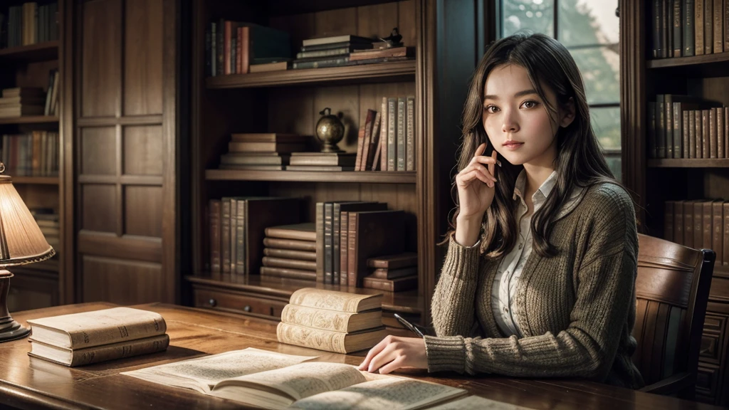 A young, intelligent woman, Anya, sits at an antique wooden desk, surrounded by towering bookshelves filled with leather-bound volumes. She is deeply engrossed in a mysterious ancient map, her finger tracing a winding river. Soft, natural light illuminates her workspace.