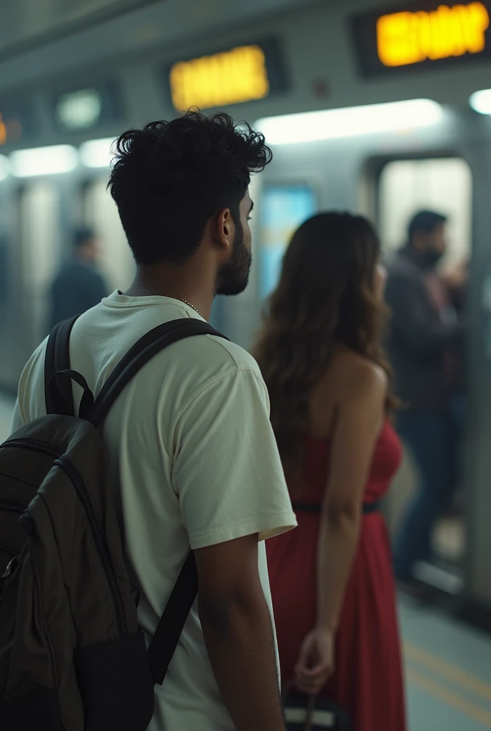 A boy age 27 south India from andhrapradesh wear jeans and t-shirt dusky skin and there was a girl age 25 north India from mumbai looks very modern she wears western dress looks very beautiful and active. They travelled entire day in evening the he lost the girl at mumbai metro station. He is searching in metro station. Around him full crowd.