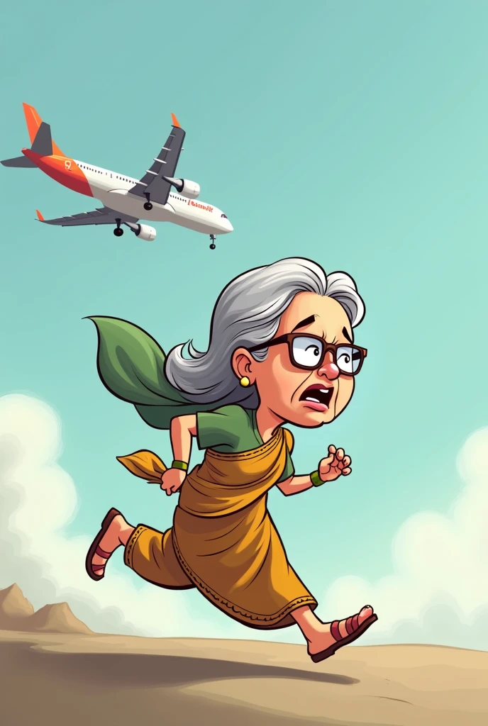 sheikha hasina running towards plane on the surface,,grey and white hair,,wearing a saree,,in a hurry,,feared and worried expression,,cartoon,,with a big head and big nse,,wearing glasses,,running,,saree on her head,,fat
left side profile,,open mouth