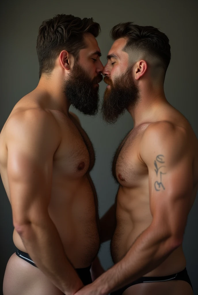 Two naked bearded men with huge cocks and huge asses. One of them fucking the other in his room while both are ejaculating with faces of having a huge orgasm