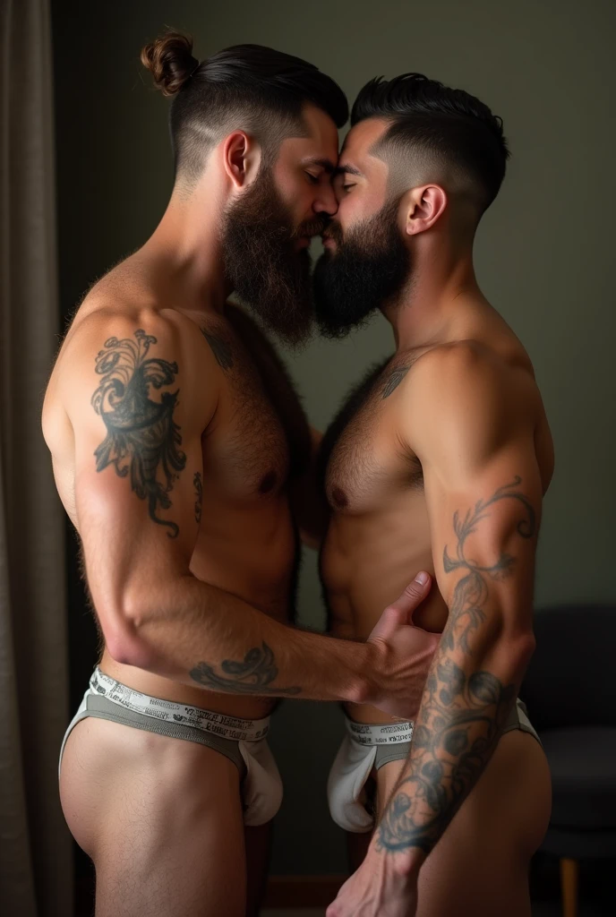Two naked bearded men with huge cocks and huge asses. One of them fucking the other in his room while both are ejaculating with faces of having a huge orgasm