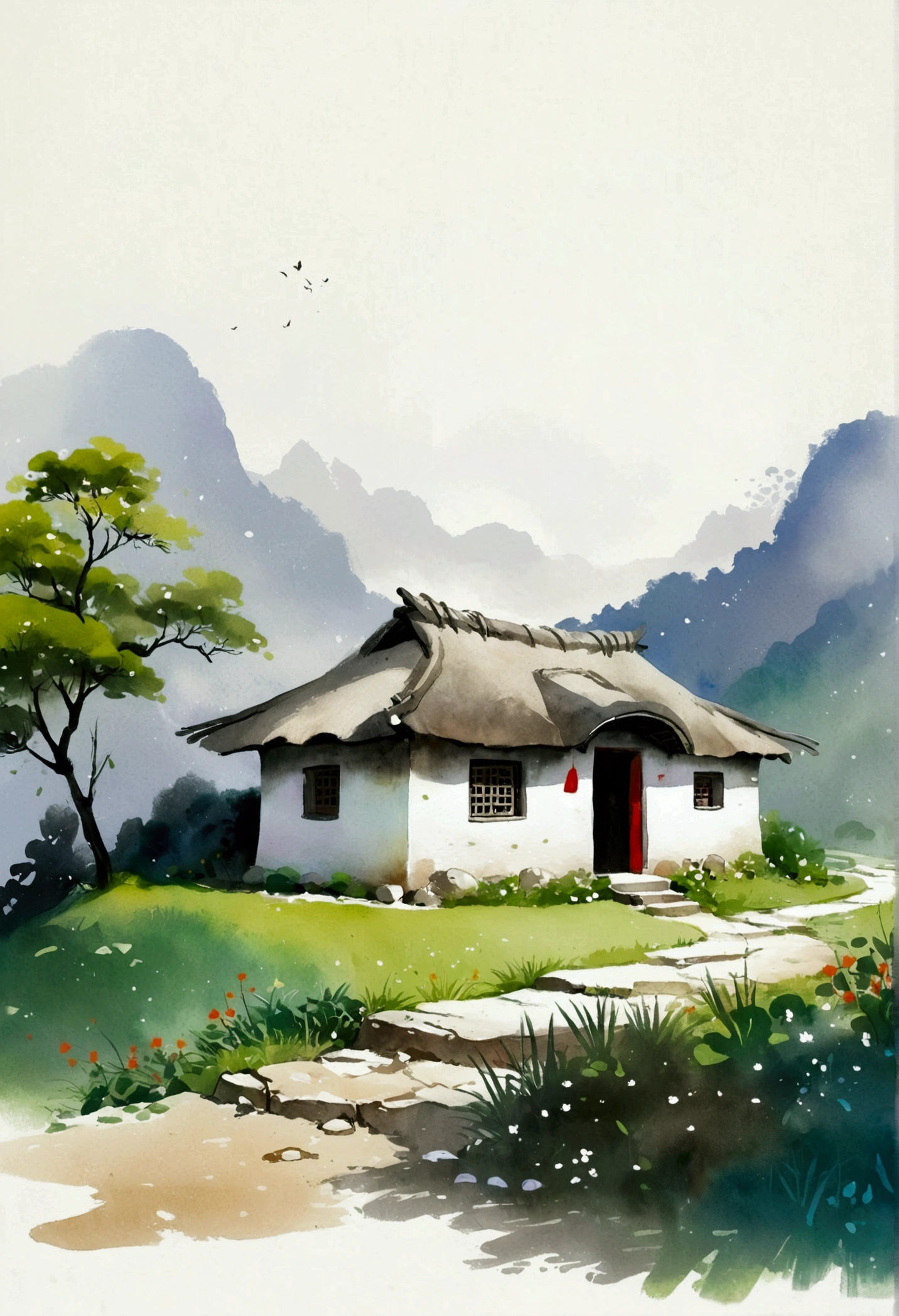 Sky占比2/3.Chinese Ink Painting Sketch：Peaceful and Freehand，artistic conception:2.Dot，A small thatched hut on a winding path - chimney，Minimalism，White background。(((Negative Space:2,Large area of blank:2, Bottom left corner composition)))
