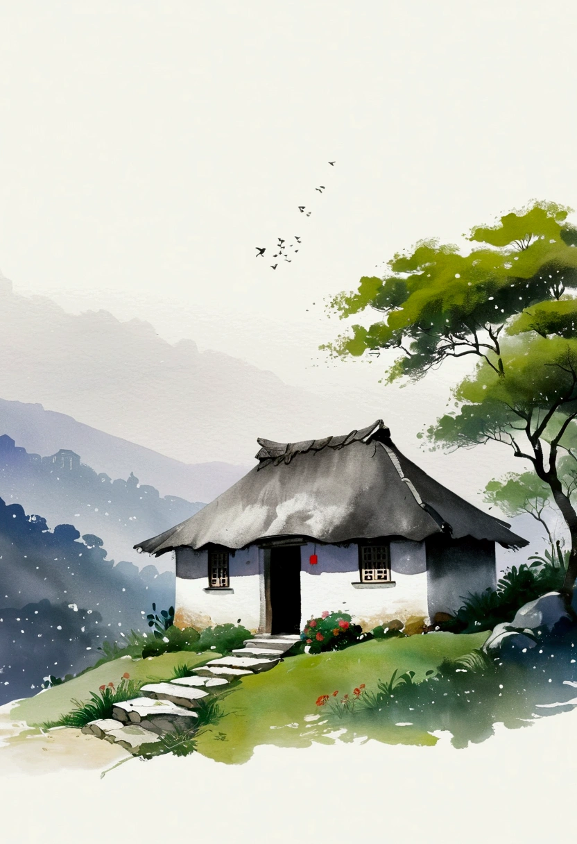 Sky占比2/3.Chinese Ink Painting Sketch：Peaceful and Freehand，artistic conception:2.Dot，A small thatched hut on a winding path - chimney，Minimalism，White background。(((Negative Space:2,Large area of blank:2, Bottom left corner composition)))