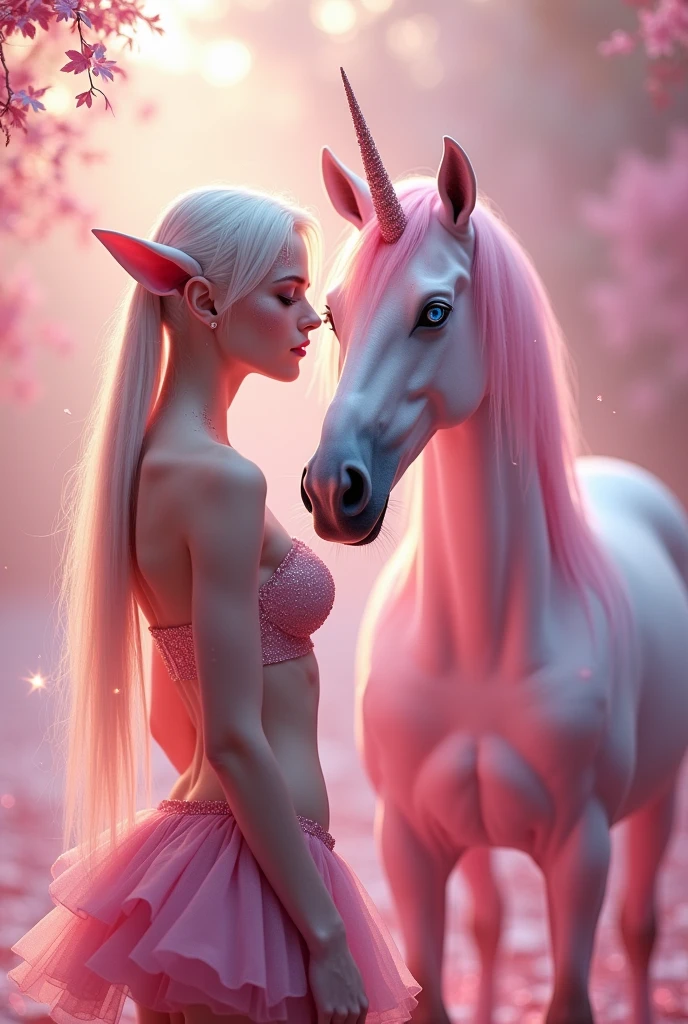 Hyperrealism cinematic film still, 8K, highly detailed and realistic. In an enchanting, pink-toned magical garden, a breathtakingly beautiful albino woman with striking blue eyes and delicate freckles on her face stands next to a majestic pink unicorn. The air shimmers with glitter and gossamer threads, while soft fairy lights cast a gentle glow. The scene is adorned with an abundance of glitter and sparkles, creating a surreal and captivating ambiance. Everything feels otherworldly, magical, and dreamlike, elf ears, cleavage, thigh, short skirt, sexy