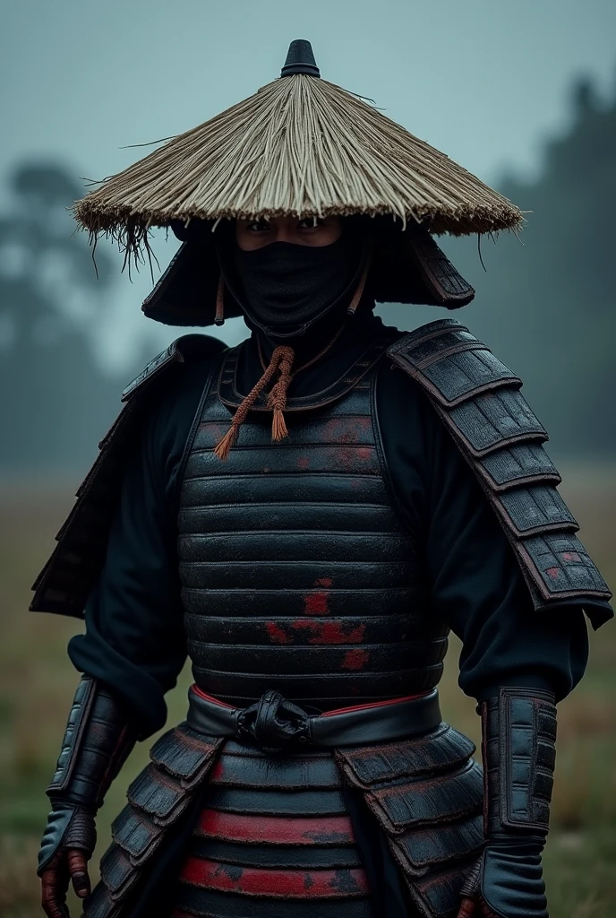 a samurai wearing traditional samurai armor, but weather-worn, with black and red accents. His face is partially hidden by the straw hat (kasa), in front of a clearing, on a night with scary weather, and several shadows appear around the samurai