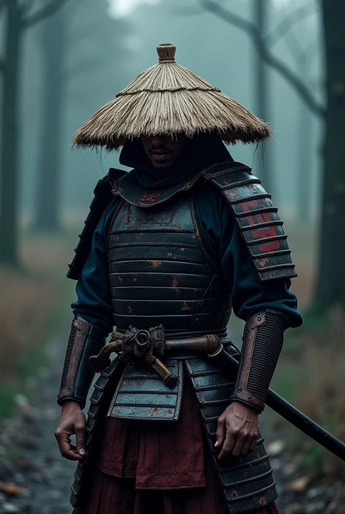 a samurai wearing traditional samurai armor, but weather-worn, with black and red accents. His face is partially hidden by the straw hat (kasa), in front of a clearing, on a night with scary weather, and several shadows appear around the samurai