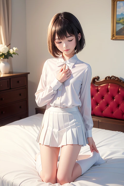 (masterpiece、Highest quality:1.7)、(:1.5)、(Full body side shots:1.5)、Bobcut、Black Hair、85mm、16K、Official Art、RAW Photos、Best Beautiful Faces、Close-up、Violet、Gardenia、The best beautiful girl、very cute、Red blush on cheeks、indoor、(Kneeling on the bed:1.8)、Film Grain、Chromatic Aberration、Sharp Focus、(((Nice hands、Perfect hands、Perfect Fingers、Thin and delicate fingers、A perfect body without flaws)))、Detailed face、(Slender body:1.5)、(Slender body:1.4)、(Small and flat bust:1.7)、(Let your bangs hang down:1.8)、(Blushing:1.8)、(Low contrast lighting:1.2)、(White tight business blouse with collar:1.5)、(White bow tie blouse:1.3)、(Long sleeve: 1.3)、(White pleated mini skirt:1.5)、(White School Socks:1.5)、(Eyes closed:1.5),(Touch your chest:1.5)