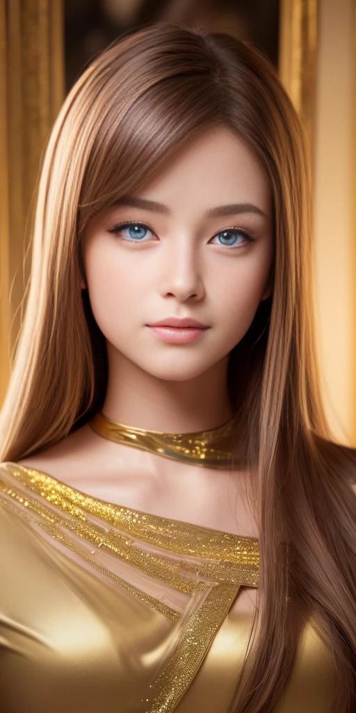 (Realistic:1.4), (masterpiece, Side light, Exquisite beautiful eyes: 1.2), masterpiece*Portraiture, Realistic, 3D Face, Sparkling Eyes, Shiny Hair, Glowing Skin, alone, Embarrassing, (abdomen), SFW, Gold Dress