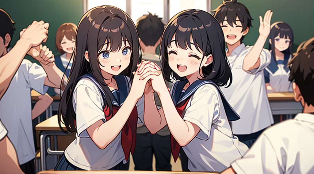 The background is a classroom。The boys and girls are laughing happily with big smiles, holding hands together.。
