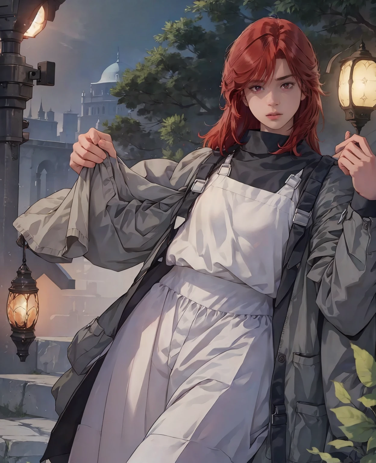 a young man with red hair and red eyes, wearing normal villager clothes, highly detailed, intricate details, digital art, cinematic lighting, dramatic atmosphere, cinematic composition, photorealistic, 8k, best quality, masterpiece