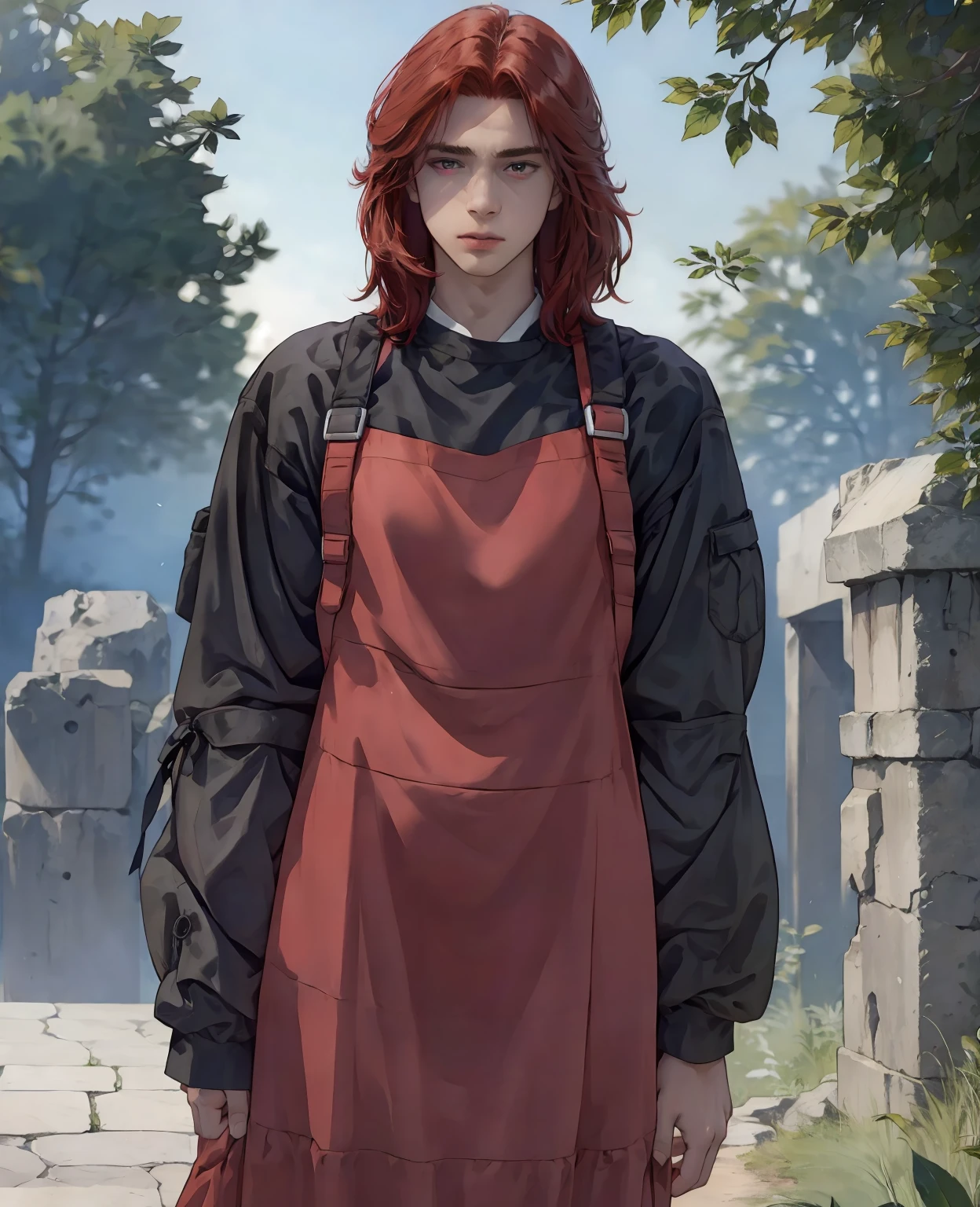 a young man with red hair and red eyes, wearing normal villager clothes, highly detailed, intricate details, digital art, cinematic lighting, dramatic atmosphere, cinematic composition, photorealistic, 8k, best quality, masterpiece