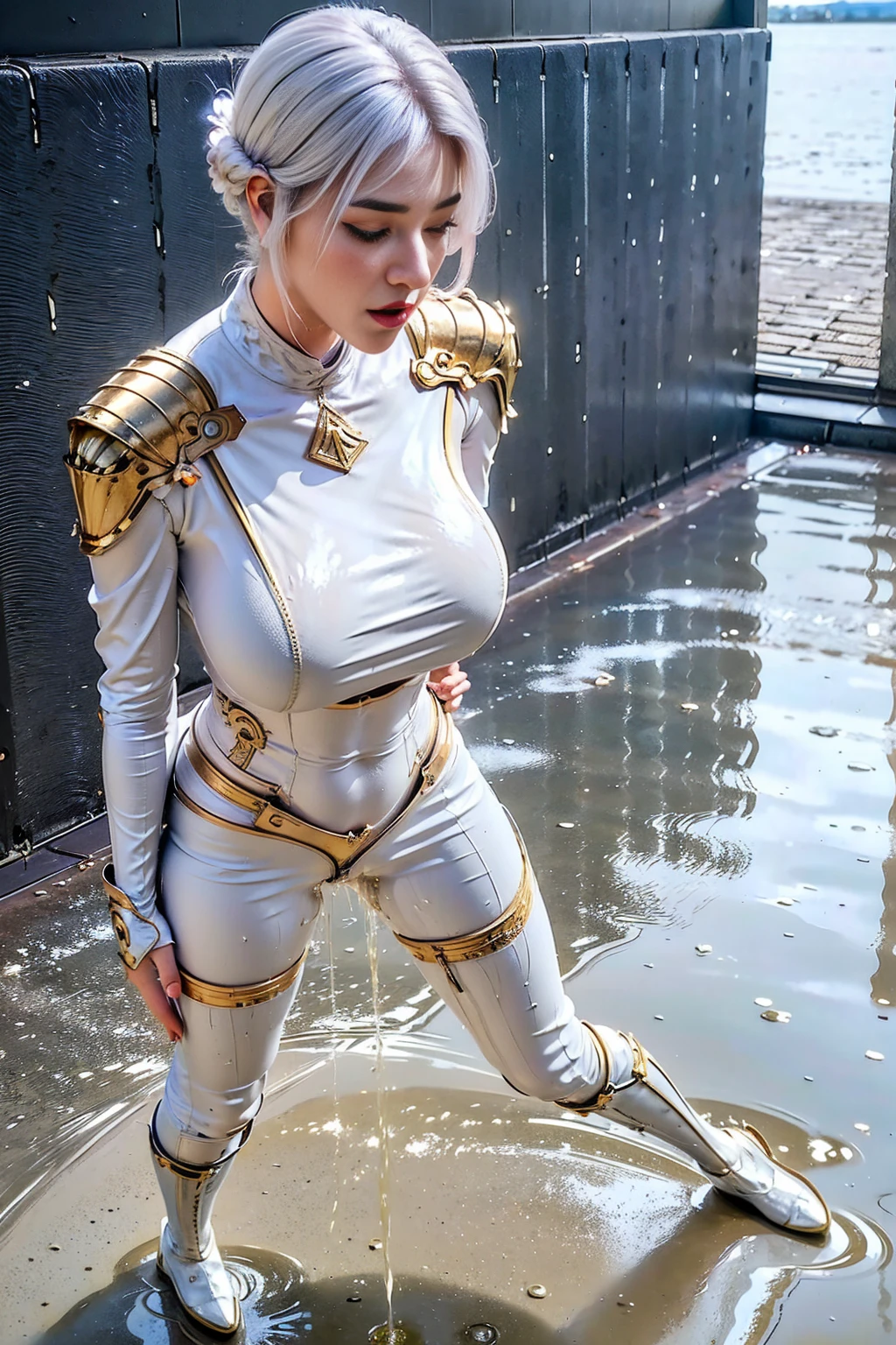 8K, HDR, Extremely realistic textures, Sharp texture, high resolution, best quality. Futuristic Characters, whole body, slim, (slim), tall and big, short hair, White hair, Wear gold mecha armor, white body stockings, Wear pants, boots, Wear (Knee pads), Gloves, shawl.(((Wet myself))), (((Wet pants))), (((My fluids are running down my legs), Urine stains, (Puddle), Really long legs, Lipstick, Delicate face, Pretty Face, Face flushed with shame, insult,whole body图片