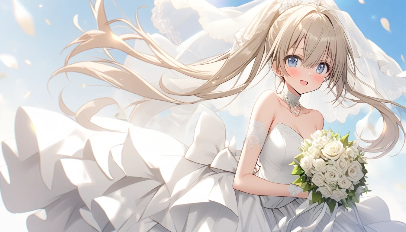 1 girl,Kasugano Sora, Sora,white pantyhose,wedding dress,white gray hair,long double ponytail,bridal bouquet,wedding veil