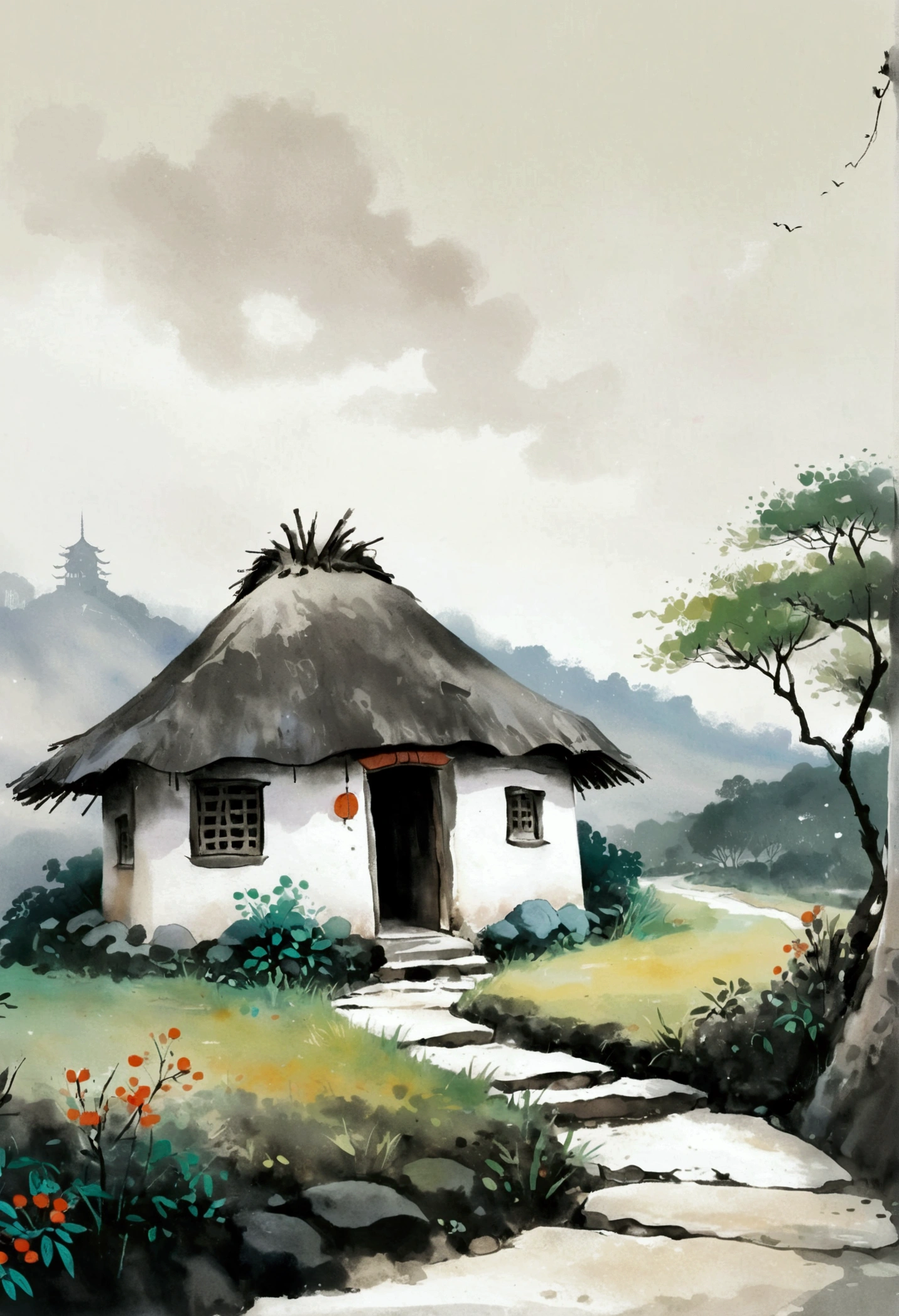 Sky占比2/3.Chinese Ink Painting Sketch：Freehand，artistic conception:2.Dot，A small thatched hut on a winding path - chimney，Minimalism，White background。(((Negative Space:2,Large area of blank:2, Bottom left corner composition)))