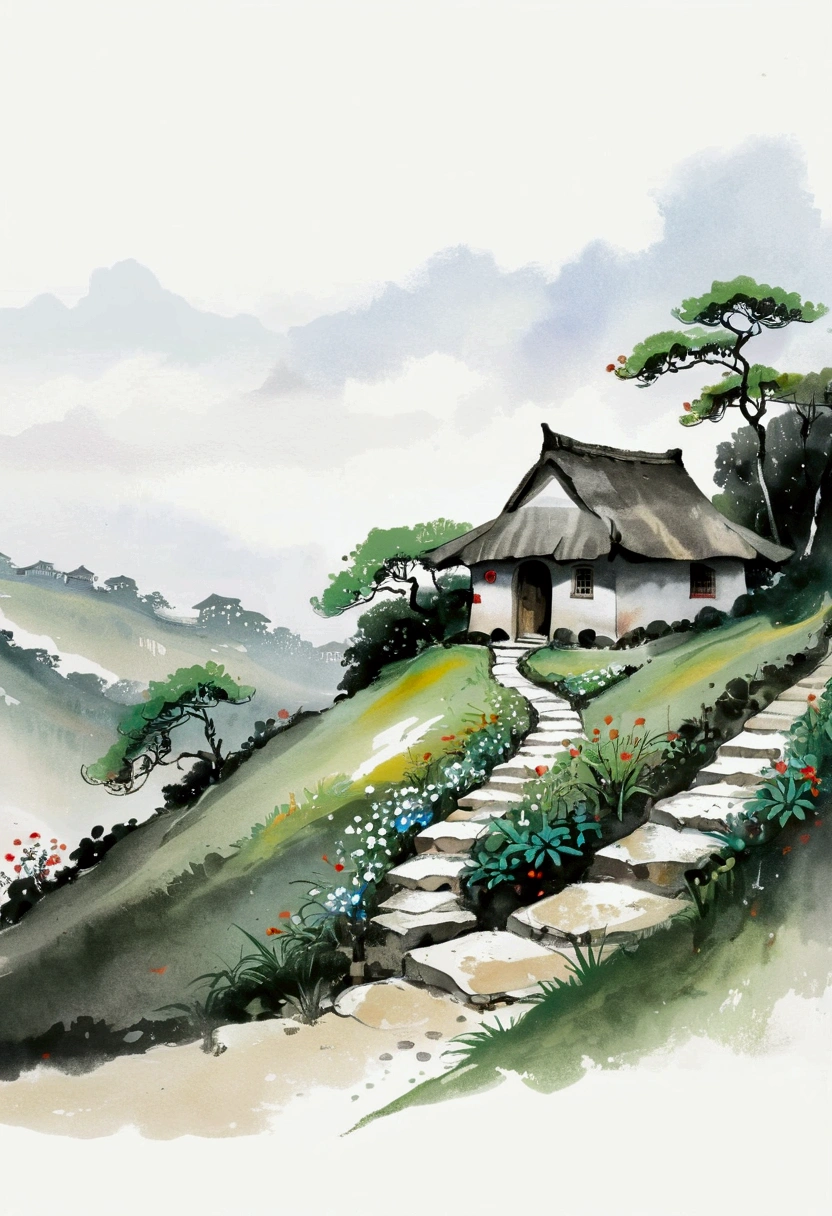 Sky占比2/3.Chinese Ink Painting Sketch:Freehand,artistic conception:2.Dot,A small thatched hut on a winding path - chimney,Minimalism,White background。(((Negative Space:2,Large area of blank:2, Bottom left corner composition)))