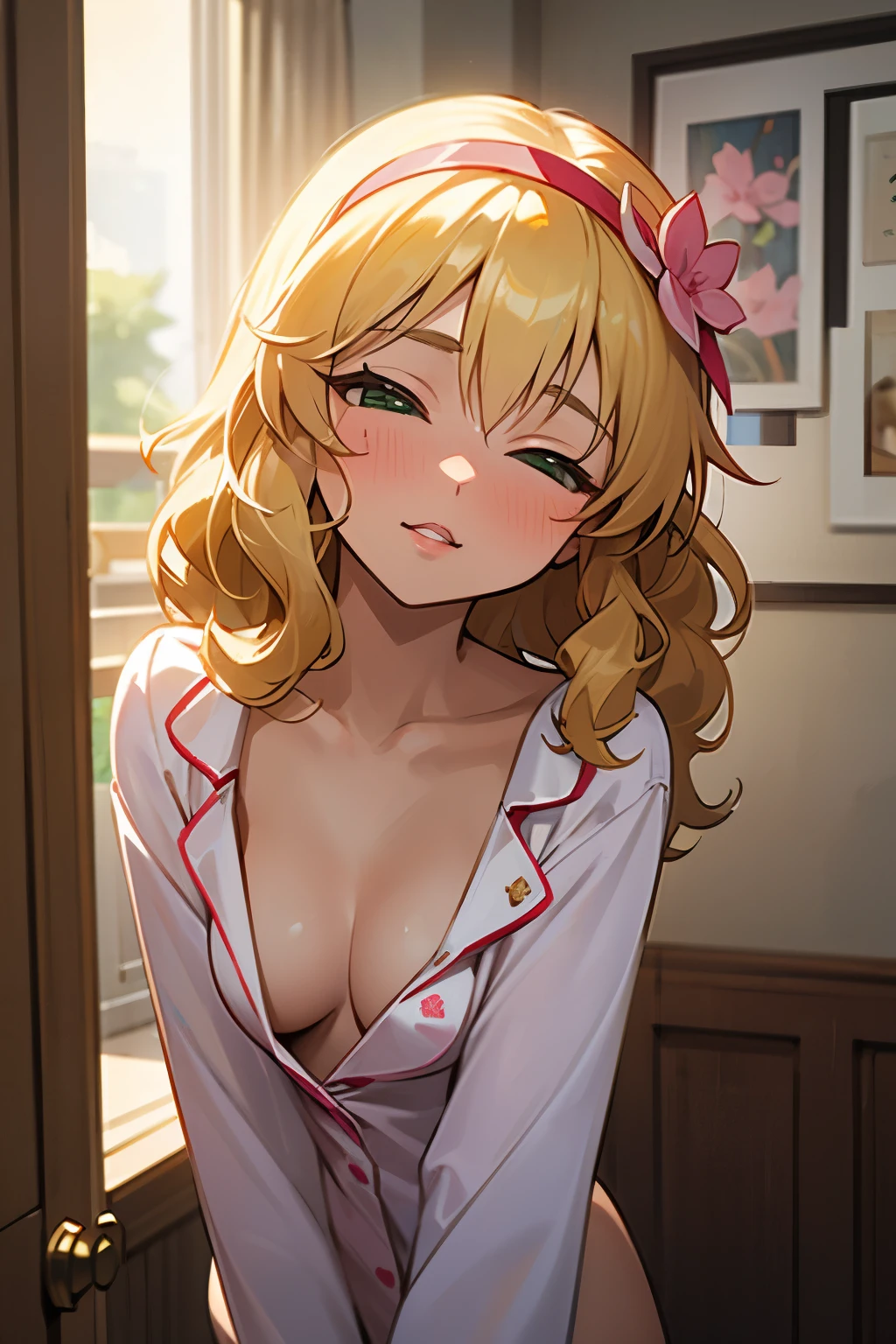 masterpiece,Highest quality, Very detailed,One girl(Sakurai Momoka, Nice small breasts, nude, Wavy Hair, Long Hair, Blonde,  head band, Pink flowers in the hair,Green Eyes,  Half-closed eyes), Seductive face,   Lips parted, nose blush, blush, In-person audience , View your viewers, Tilt your head, alone, pajamas,  Cleavage,  In the bedroom, at night, Are standing, come 