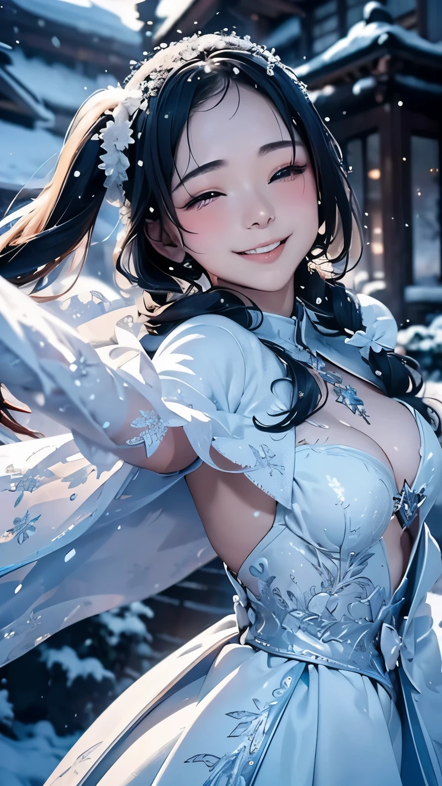 (masterpiece、Highest quality、Highest quality、Official Art、Beautiful and beautiful:1.2)、(One personの女性:1.3)、Twin tails、Big Breasts、Blue Hair、Snow Scene、Snow powder、Smiling face close-up、Glossy Lips、Shining Eyes、Snow Lady、Snow costume、Cosplay、(Real、High resolution)、(One personの女性)、Snow Lady、Close-up eyes、Japanese women、(Highest quality)、(Tabletop)、(One personの女の子)、One person、Beautiful girls、Perfect Face、dream-like、Very detailed airbrush art((Surreal))、Volumetric Lighting、(Highest quality)、Super detailed、(Structure of movement:1.4)、Very complex and colorful details、(Bright lighting)、moving composition、Ray Tracing、The mirror reflects light、Shallow depth of field、Super detailed、Exposure Blending、Hum、Her eyes shine deeply pink、Snow falling in the background、