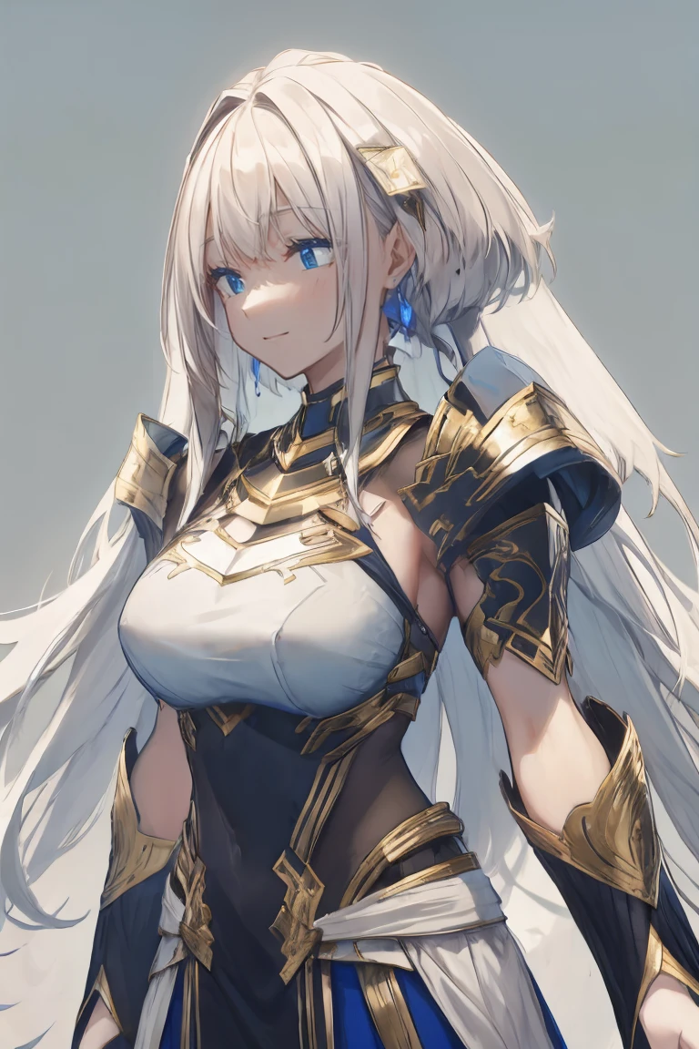 female, big tits, hair ornament, smile, look at camera,  white hair, blue eyes, armor, long hair