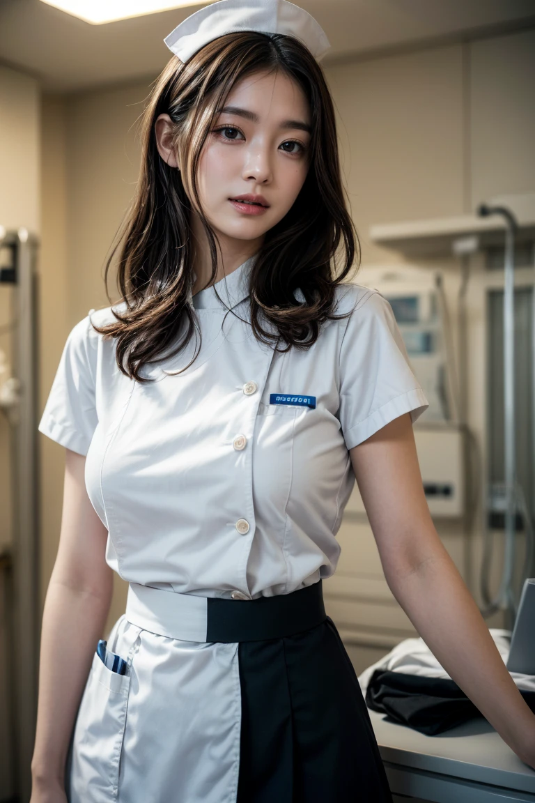 1 girl,(Wearing white nurse clothes:1.2),(RAW Photos, Highest quality), (Realistic, photo-Realistic:1.4), masterpiece, Very delicate and beautiful, Very detailed, 2k wallpaper, wonderful, finely, Very detailed CG unity 8k wallpaper, Very detailedな, High resolution, Soft Light, Beautiful detailed girl, Very detailed eyes and face, Beautiful and sophisticated nose, finely beautiful eyes, nurse, Perfect Anatomy, Black Hair, Upstyle, nurse uniform, Long skirt, nurse, White costume, thin, hospital, clear, White Uniform, hospital room, Neck auscultation,Bobcut、Flip up the skirt、20th Generation、smile、Browsing Caution、((Cleaning a man's penis))
