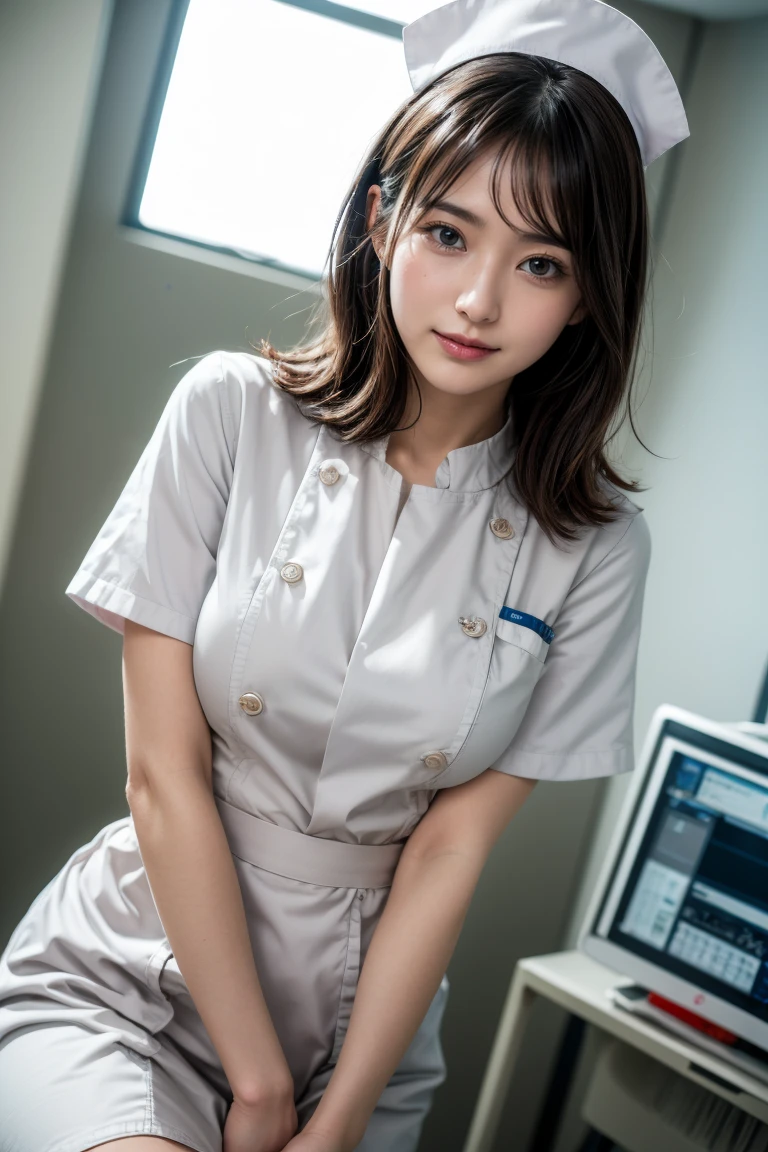 1 girl,(Wearing white nurse clothes:1.2),(RAW Photos, Highest quality), (Realistic, photo-Realistic:1.4), masterpiece, Very delicate and beautiful, Very detailed, 2k wallpaper, wonderful, finely, Very detailed CG unity 8k wallpaper, Very detailedな, High resolution, Soft Light, Beautiful detailed girl, Very detailed eyes and face, Beautiful and sophisticated nose, finely beautiful eyes, nurse, Perfect Anatomy, Black Hair, Upstyle, nurse uniform,  Long skirt, nurse, White costume, thin, hospital, clear, White Uniform, hospital room, Neck auscultation,Bobcut、Flip up the skirt、20th Generation、smile、Browsing Caution、((Cleaning a man&#39;s penis))