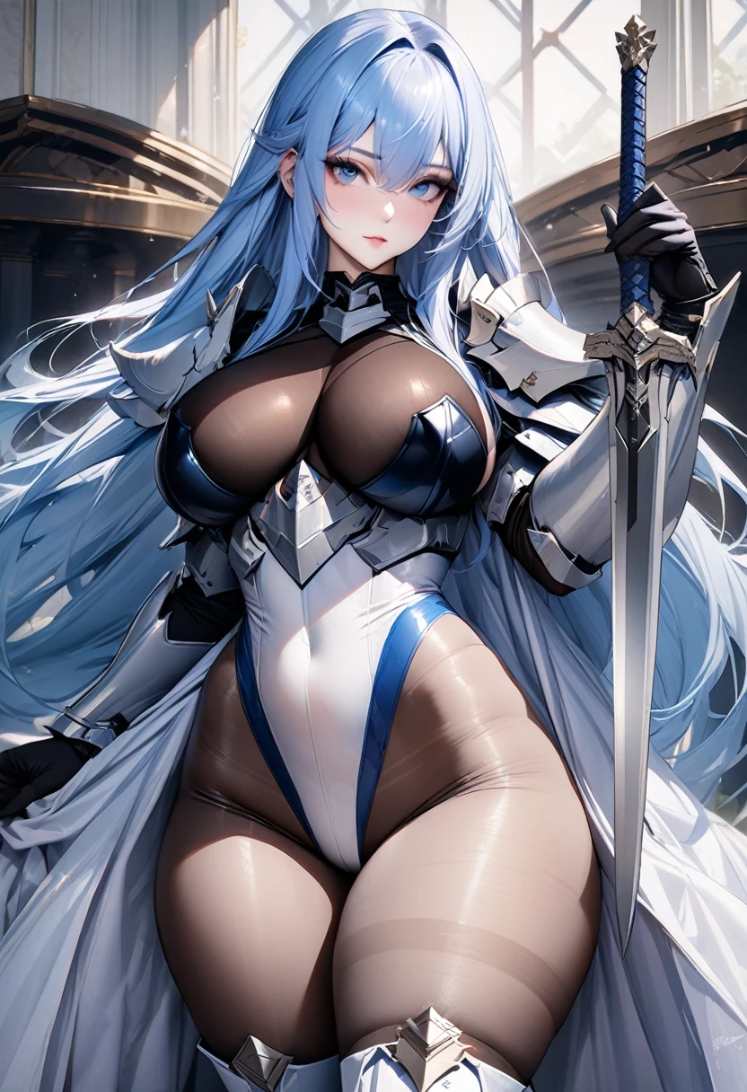 ((highest quality)), ((masterpiece)), ((hyperrealistic)), (solo), 1girl, ((curvy)), ((skindantation: 1.2)), perfect face, ((Azur Lane)), ((Paladin armor)), ((skin-tight see-through pantyhose leotard: 1.4)), ((white knight armor breastplate)), ((skin-tight black Investigator Bodystocking)), ((large pauldron)), (long gauntlet gloves), ((light blue hair straight long hair)), ((large breasts that look like they might burst)), (pantyhose thighs), (white knee-high boots), (high heel boots), ((see through cleavage cutout)), zettai ryouiki, ultra high leg cut, beautiful blue eyes, Perfect hands, perfect fingers, luxurious goldsmith sword, holding a sword, prepare a sword