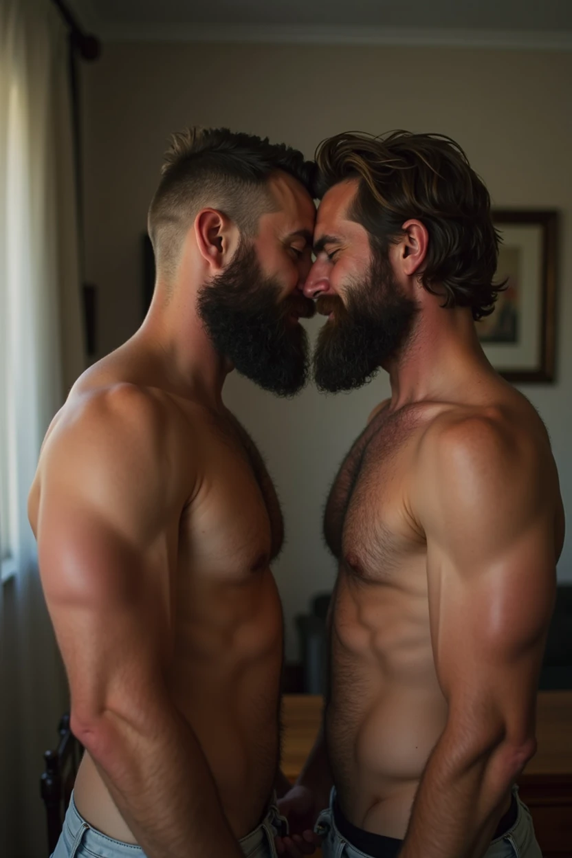 Two naked bearded men with huge cocks and huge asses. One of them fucking the other in his room while both are ejaculating with faces of having a huge orgasm