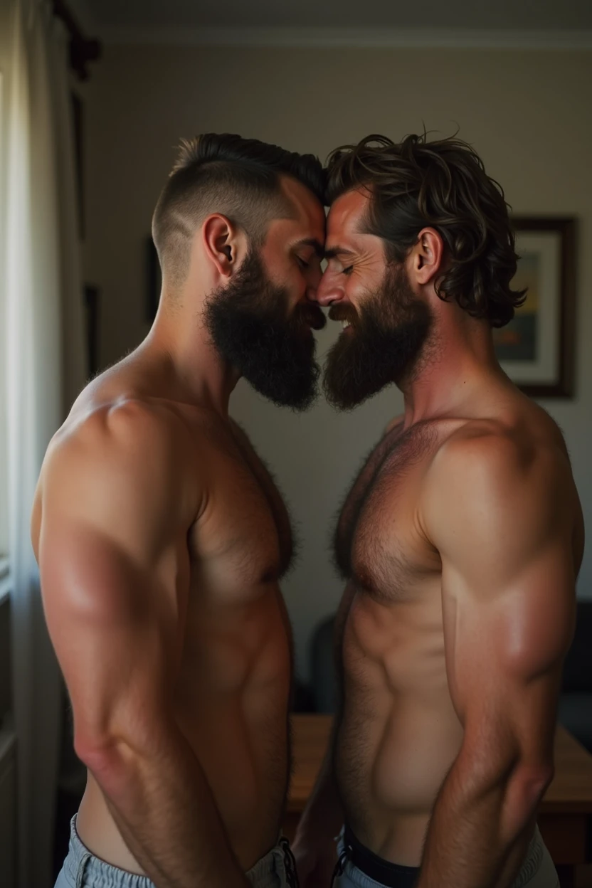 Two naked bearded men with huge cocks and huge asses. One of them fucking the other in his room while both are ejaculating with faces of having a huge orgasm