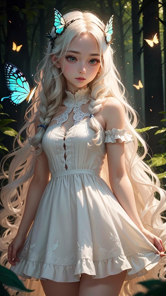 20 years old, cute, beautiful, fantastic, white skin, wavy white long hair, dress, night forest, glowing butterfly