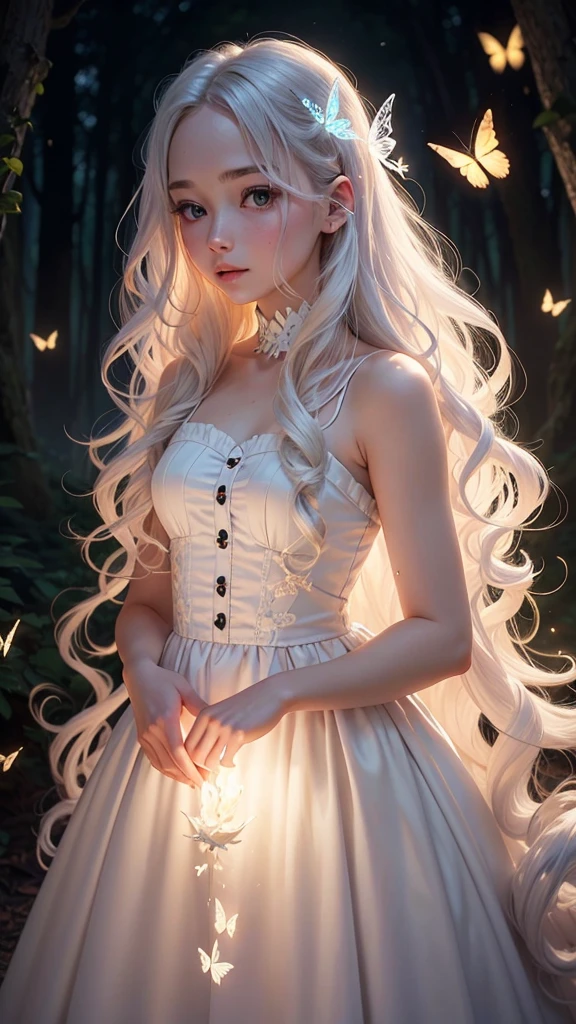 20 years old, cute, beautiful, fantastic, white skin, wavy white long hair, dress, night forest, glowing butterfly