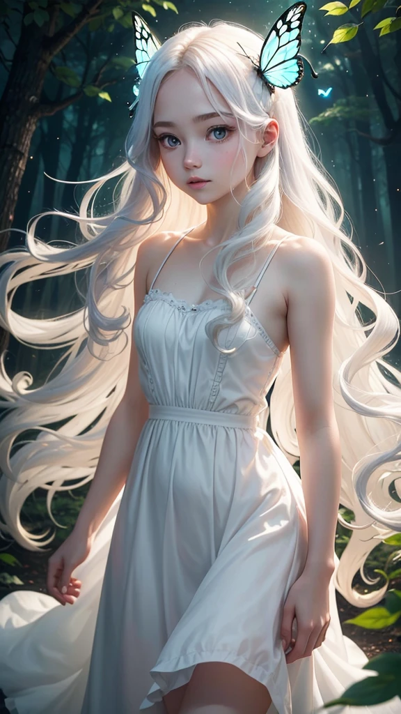 20 years old, cute, beautiful, fantastic, white skin, wavy white long hair, dress, night forest, glowing butterfly