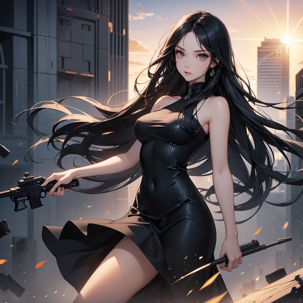 a beautiful woman with long black hair, wearing a tight black dress, standing holding a pistol, aiming the barrel at the bad guys, on a tall building, the sun is setting, close up.